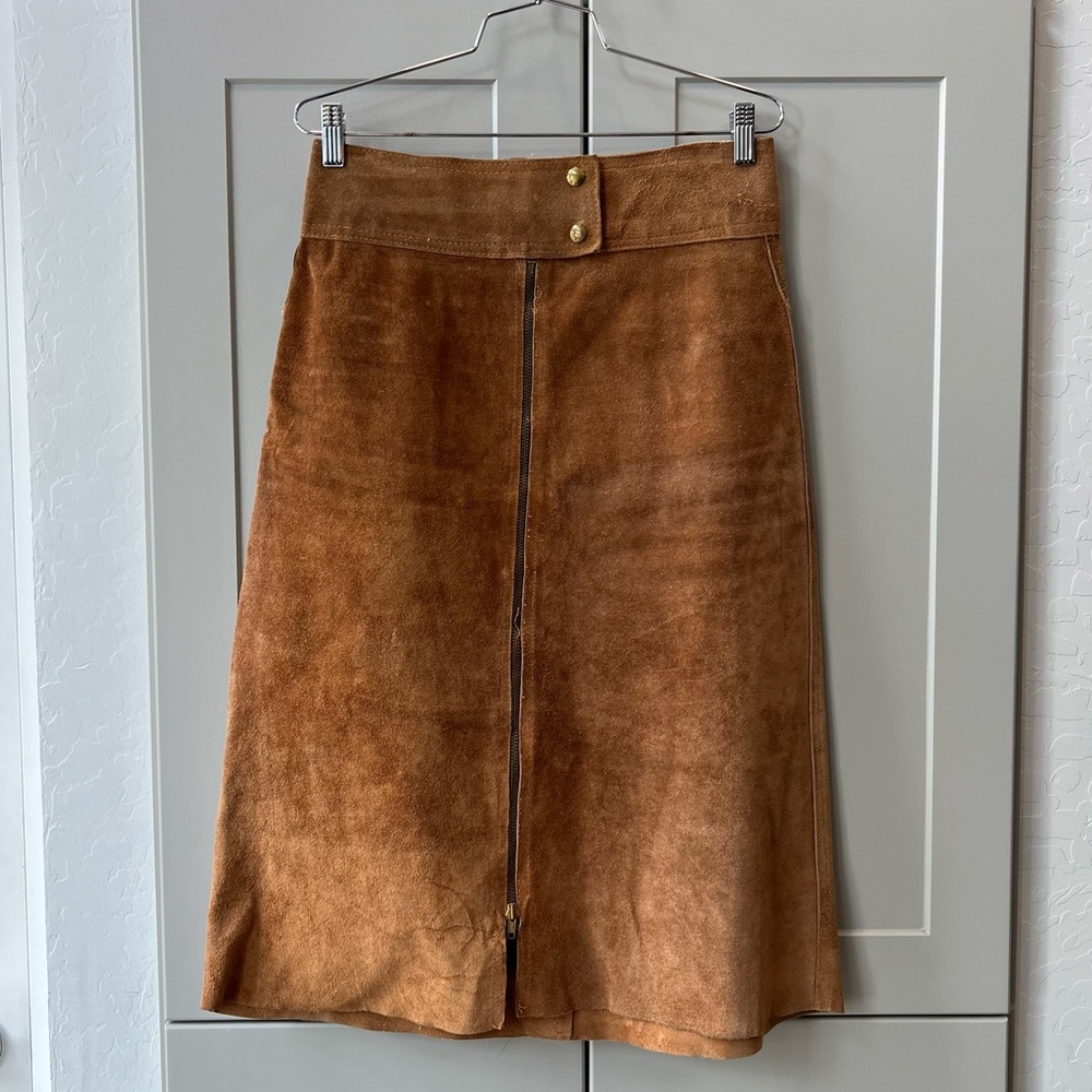 Holt Renfrew Leather Zip Front Brown Midi Skirt Designer Luxury Equestrian Small